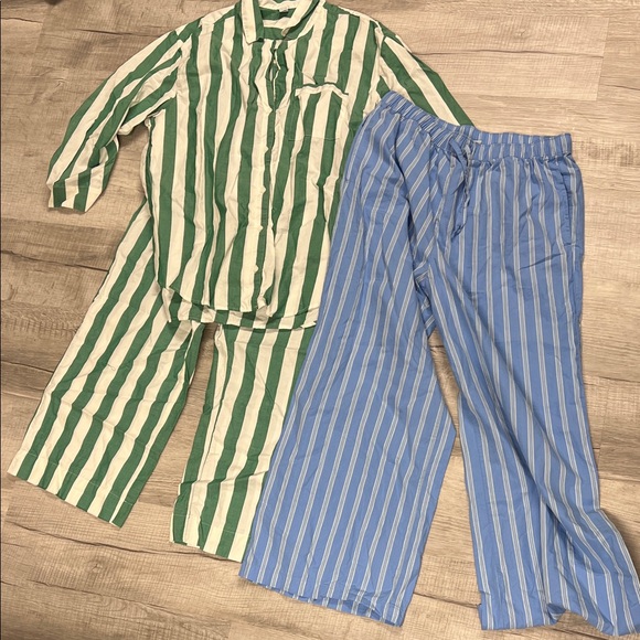 Old Navy Green and Blue Striped Women’s Pajama Set sz M and Petite L - Picture 1 of 9